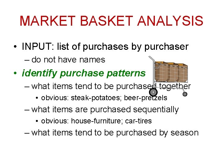 MARKET BASKET ANALYSIS • INPUT: list of purchases by purchaser – do not have