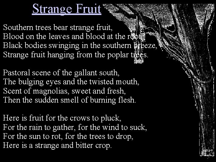 Strange Fruit Southern trees bear strange fruit, Blood on the leaves and blood at