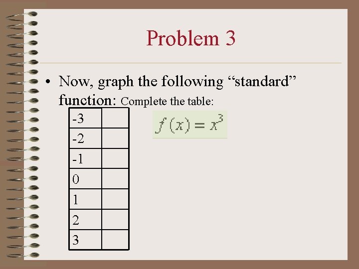 Problem 3 • Now, graph the following “standard” function: Complete the table: -3 -2