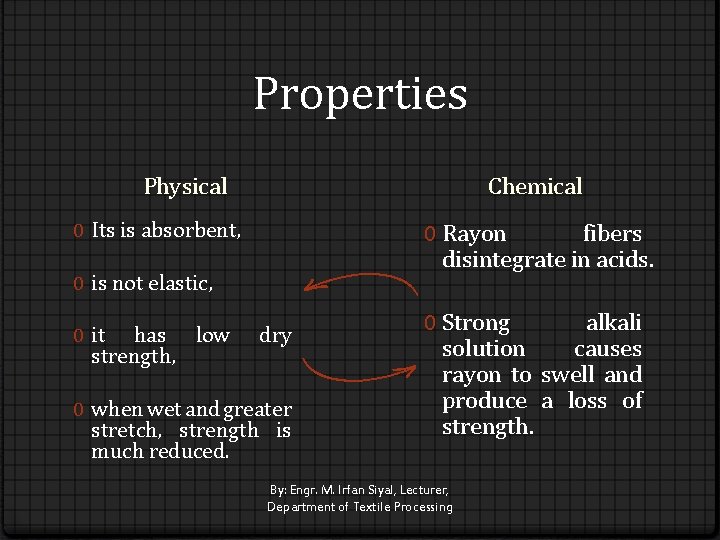 Properties Chemical Physical 0 Its is absorbent, 0 Rayon fibers disintegrate in acids. 0