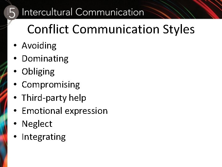 Conflict Communication Styles • • Avoiding Dominating Obliging Compromising Third-party help Emotional expression Neglect