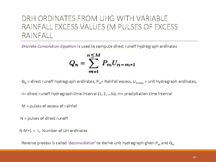 DRH ORDINATES FROM UHG WITH VARIABLE RAINFALL EXCESS VALUES (M PULSES OF EXCESS RAINFALL