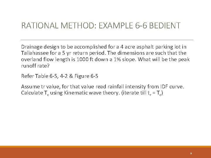 RATIONAL METHOD: EXAMPLE 6 -6 BEDIENT Drainage design to be accomplished for a 4