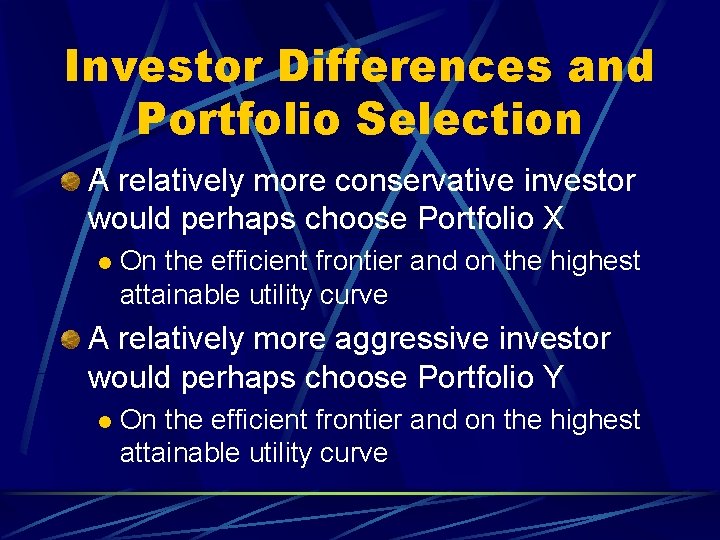 Investor Differences and Portfolio Selection A relatively more conservative investor would perhaps choose Portfolio