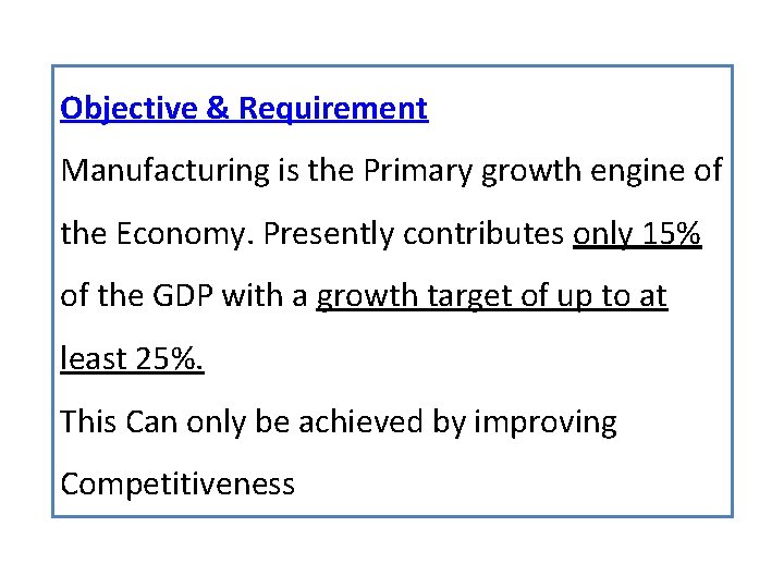 Objective & Requirement Manufacturing is the Primary growth engine of the Economy. Presently contributes