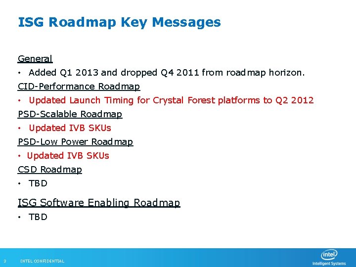 ISG Roadmap Key Messages General • Added Q 1 2013 and dropped Q 4