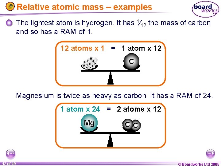 Relative atomic mass – examples The lightest atom is hydrogen. It has 1⁄12 the