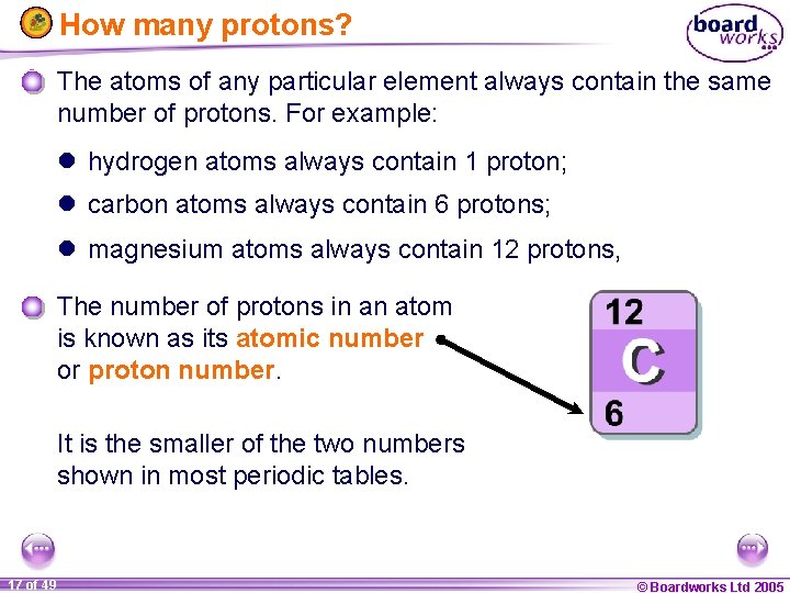 How many protons? The atoms of any particular element always contain the same number