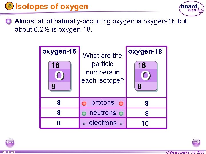 Isotopes of oxygen Almost all of naturally-occurring oxygen is oxygen-16 but about 0. 2%