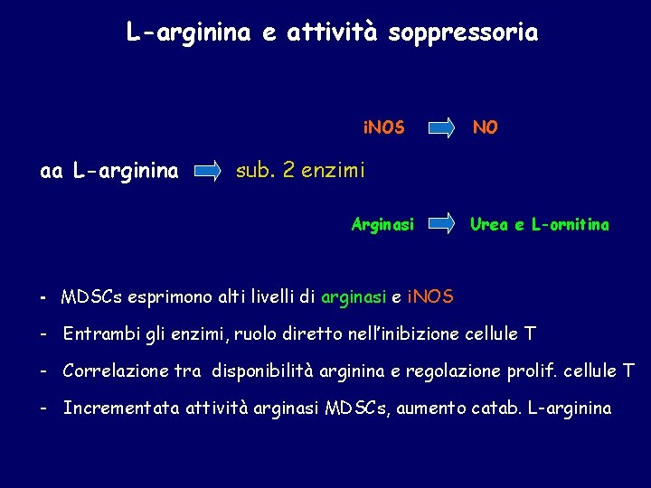 L-arginina e attività soppressoria i. NOS aa L-arginina NO sub. 2 enzimi Arginasi Urea