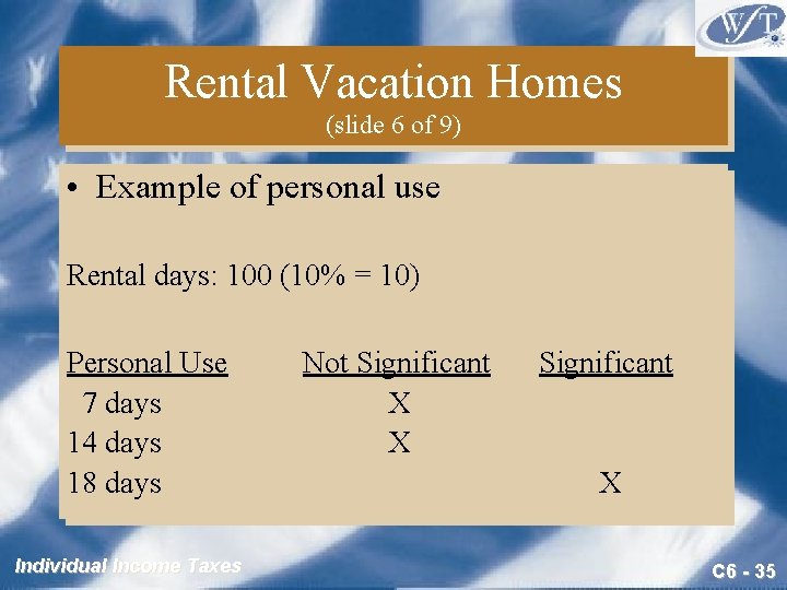 Rental Vacation Homes (slide 6 of 9) • Example of personal use Rental days: