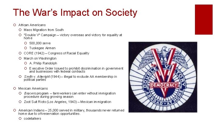 The War’s Impact on Society ¡ African Americans ¡ Mass Migration from South ¡