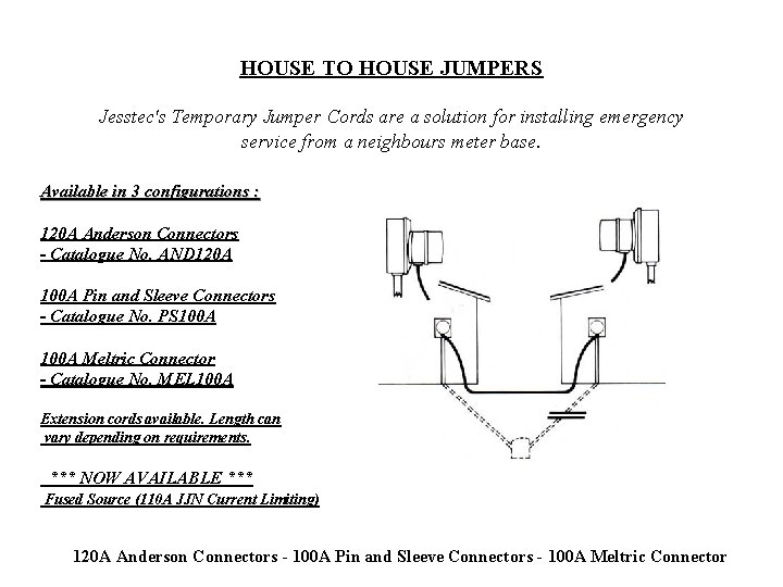 HOUSE TO HOUSE JUMPERS Jesstec's Temporary Jumper Cords are a solution for installing emergency