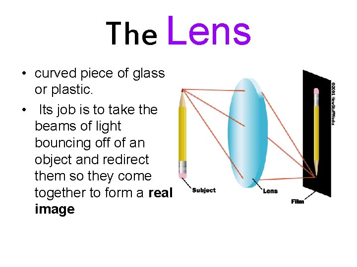 The Lens • curved piece of glass or plastic. • Its job is to