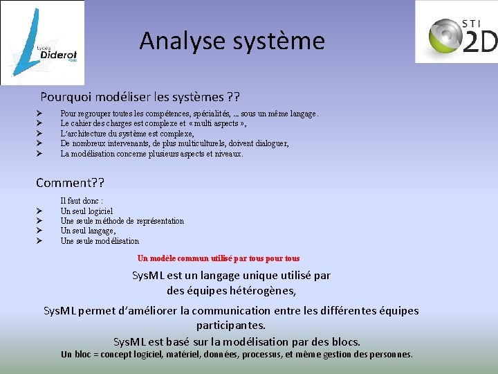 Analyse système Pourquoi modéliser les systèmes ? ? Ø Ø Ø Pour regrouper toutes