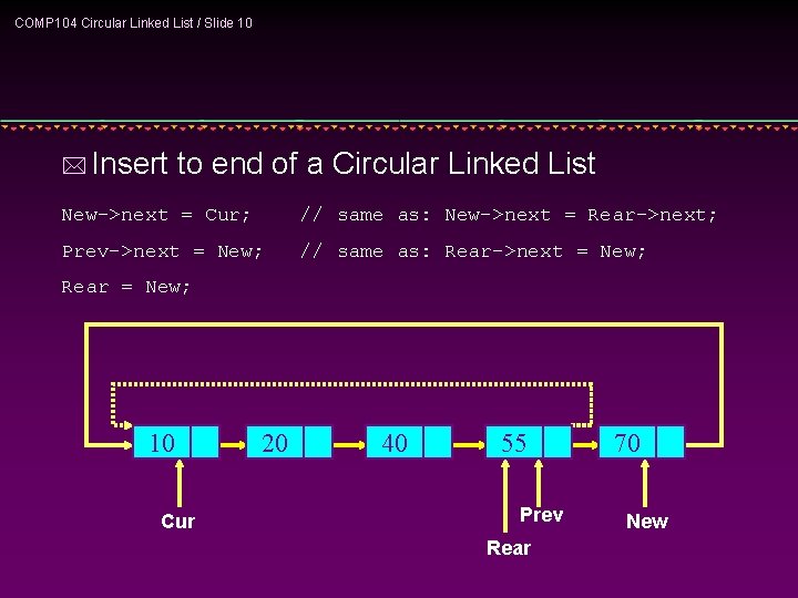 COMP 104 Circular Linked List / Slide 10 * Insert to end of a
