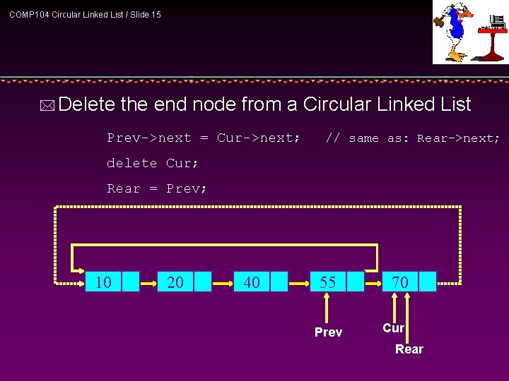 COMP 104 Circular Linked List / Slide 15 * Delete the end node from