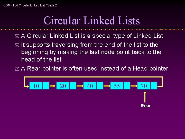 COMP 104 Circular Linked List / Slide 2 Circular Linked Lists A Circular Linked