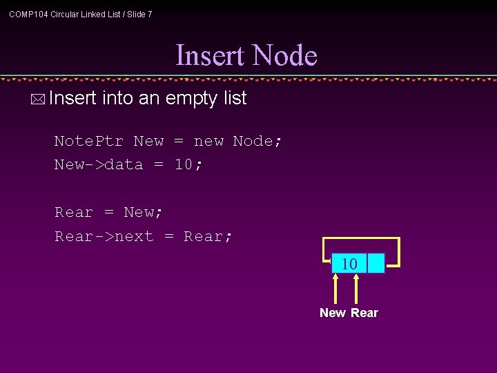 COMP 104 Circular Linked List / Slide 7 Insert Node * Insert into an