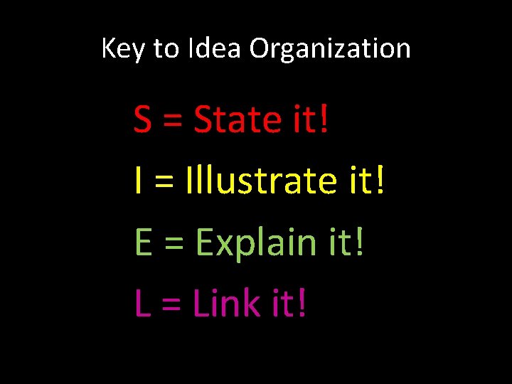 Key to Idea Organization S = State it! I = Illustrate it! E =