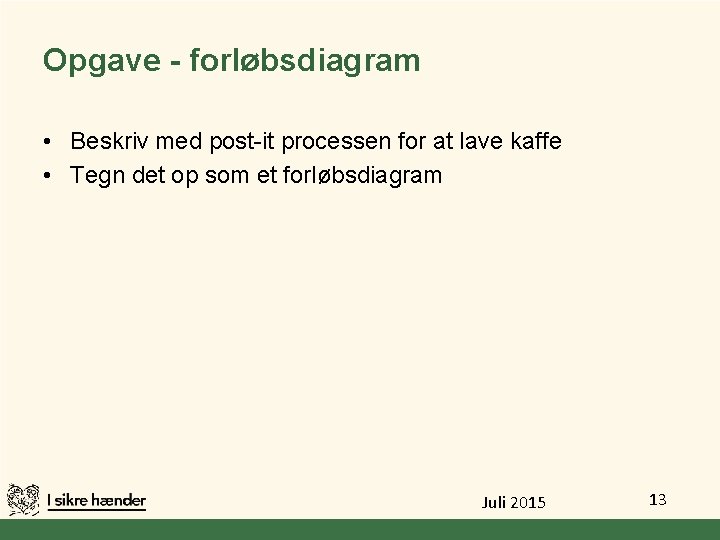 Opgave - forløbsdiagram • Beskriv med post-it processen for at lave kaffe • Tegn