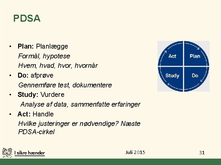 PDSA • Plan: Planlægge Formål, hypotese Hvem, hvad, hvornår • Do: afprøve Gennemføre test,