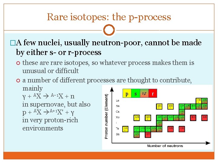 Rare isotopes: the p-process �A few nuclei, usually neutron-poor, cannot be made by either