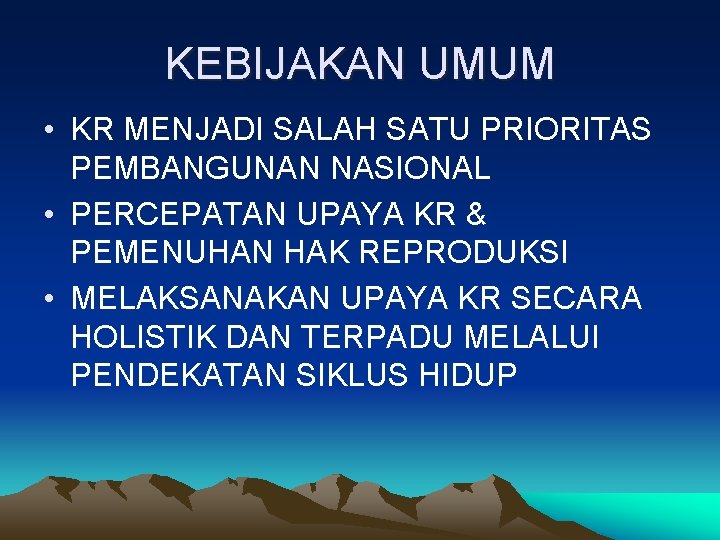 KEBIJAKAN UMUM • KR MENJADI SALAH SATU PRIORITAS PEMBANGUNAN NASIONAL • PERCEPATAN UPAYA KR