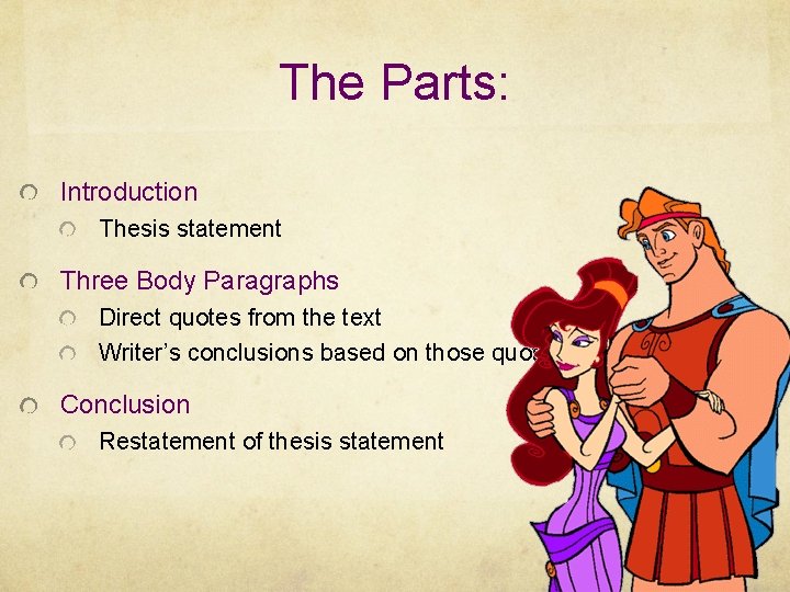 The Parts: Introduction Thesis statement Three Body Paragraphs Direct quotes from the text Writer’s