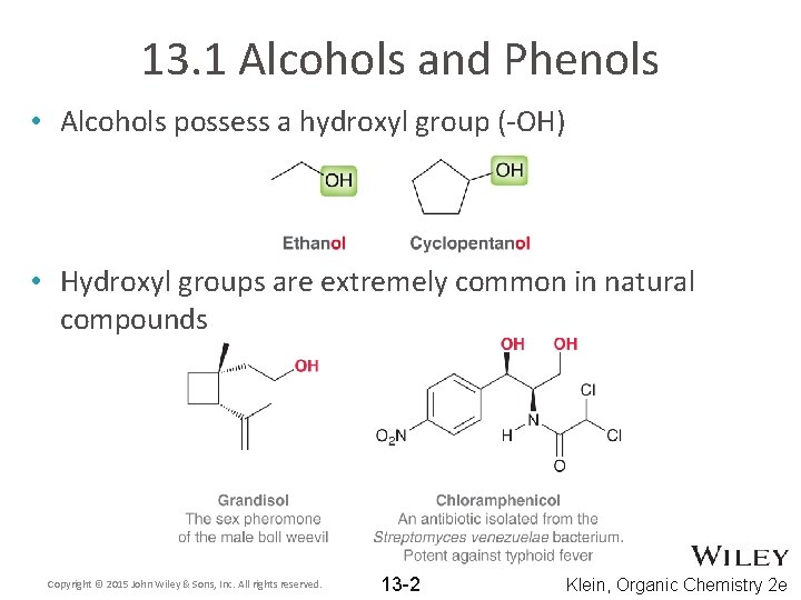 13. 1 Alcohols and Phenols • Alcohols possess a hydroxyl group (-OH) • Hydroxyl