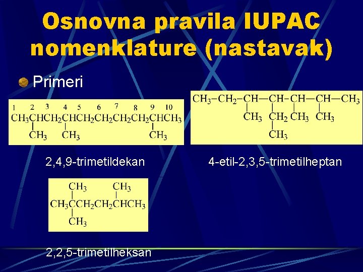 Osnovna pravila IUPAC nomenklature (nastavak) Primeri 2, 4, 9 -trimetildekan 2, 2, 5 -trimetilheksan