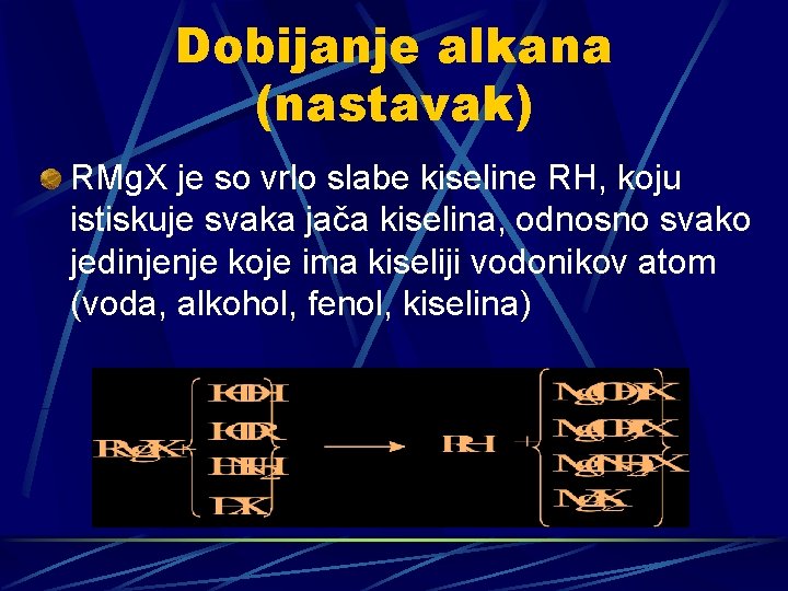 Dobijanje alkana (nastavak) RMg. X je so vrlo slabe kiseline RH, koju istiskuje svaka