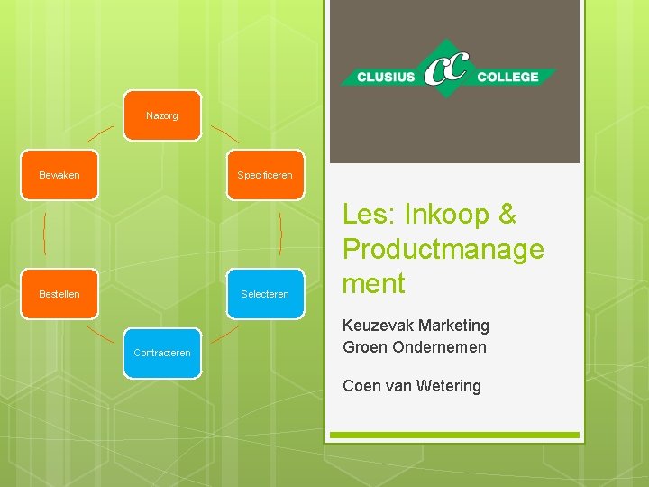 Nazorg Bewaken Specificeren Bestellen Selecteren Contracteren Les: Inkoop & Productmanage ment Keuzevak Marketing Groen