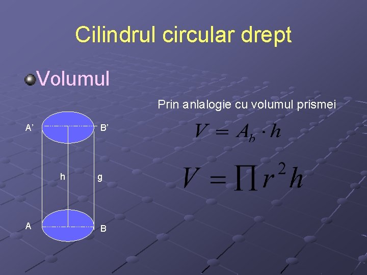 Cilindrul circular drept Volumul Prin anlalogie cu volumul prismei O’ A’ h A r