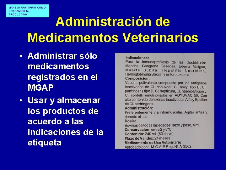 MANEJO SANITARIO COMO HERRAMIENTA PRODUCTIVA Administración de Medicamentos Veterinarios • Administrar sólo medicamentos registrados