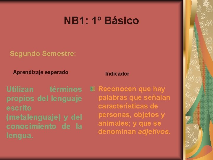 NB 1: 1º Básico Segundo Semestre: Aprendizaje esperado Utilizan términos propios del lenguaje escrito