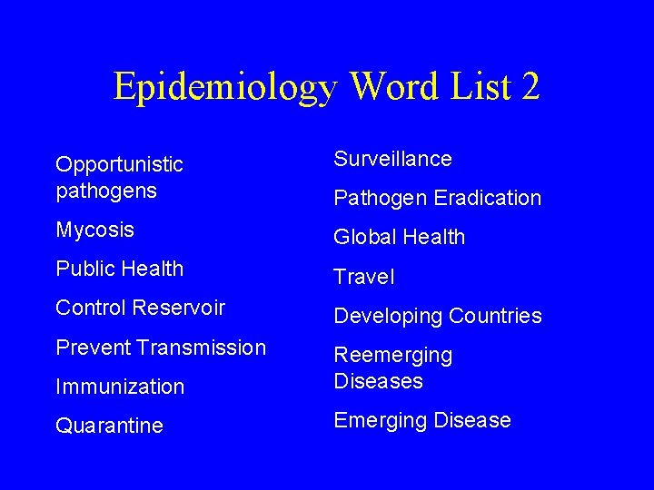 Epidemiology Word List 2 Opportunistic pathogens Surveillance Mycosis Global Health Public Health Travel Control