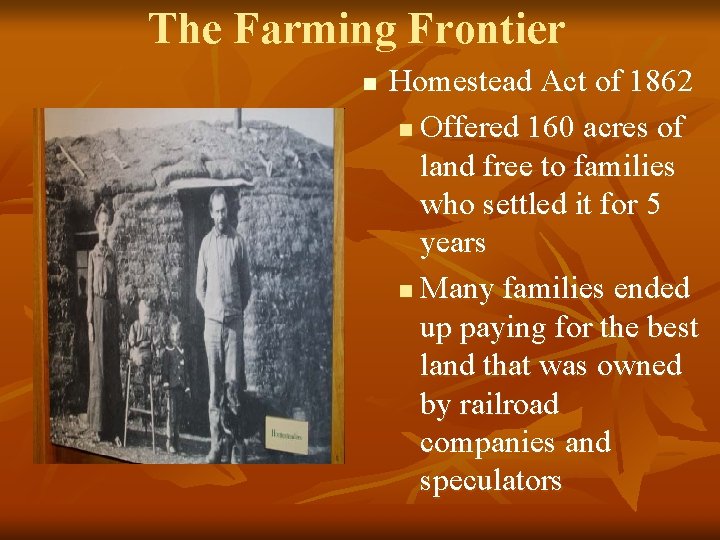 The Farming Frontier n Homestead Act of 1862 n Offered 160 acres of land