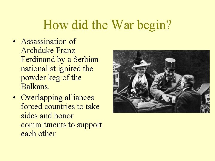 How did the War begin? • Assassination of Archduke Franz Ferdinand by a Serbian