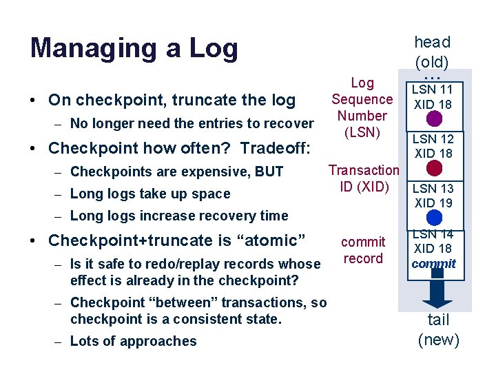 Managing a Log • On checkpoint, truncate the log – No longer need the