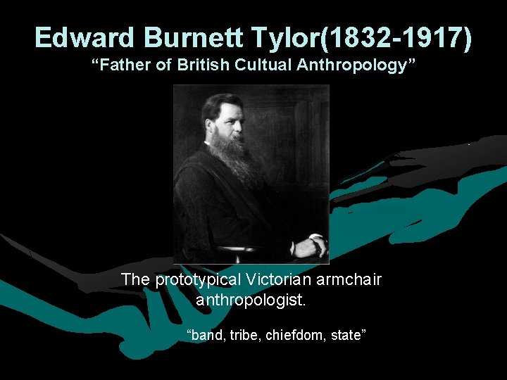Edward Burnett Tylor(1832 -1917) “Father of British Cultual Anthropology” The prototypical Victorian armchair anthropologist. Edward Burnett Tylor(1832 -1917) “Father of British Cultual Anthropology” The prototypical Victorian armchair anthropologist.