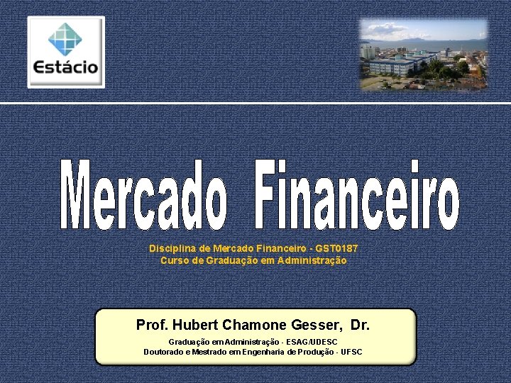 Disciplina de Mercado Financeiro - GST 0187 Curso de Graduação em Administração Prof. Hubert