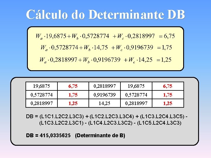 Cálculo do Determinante DB 19, 6875 0, 5728774 0, 2818997 6, 75 0, 2818997