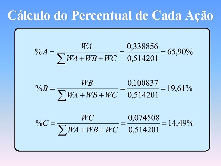 Cálculo do Percentual de Cada Ação 