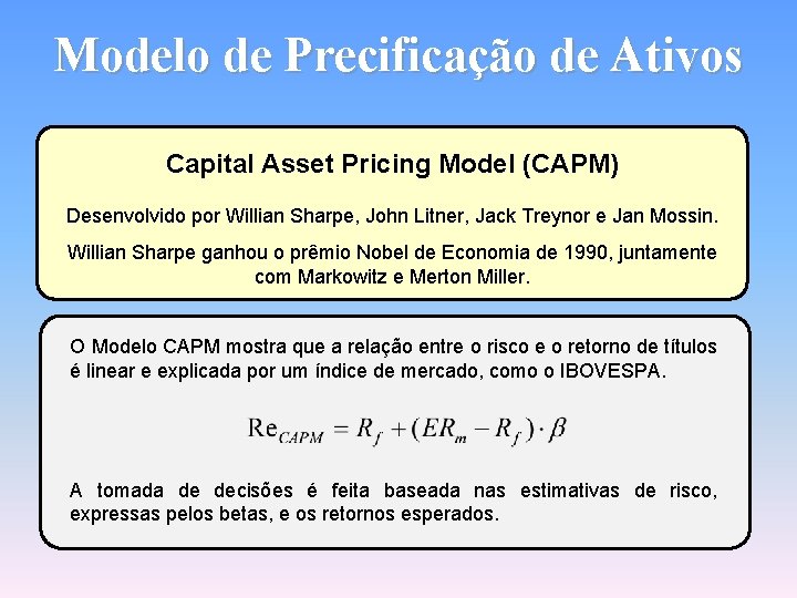Modelo de Precificação de Ativos Capital Asset Pricing Model (CAPM) Desenvolvido por Willian Sharpe,
