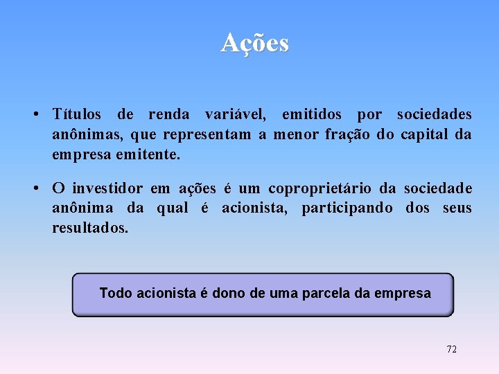 Ações • Títulos de renda variável, emitidos por sociedades anônimas, que representam a menor