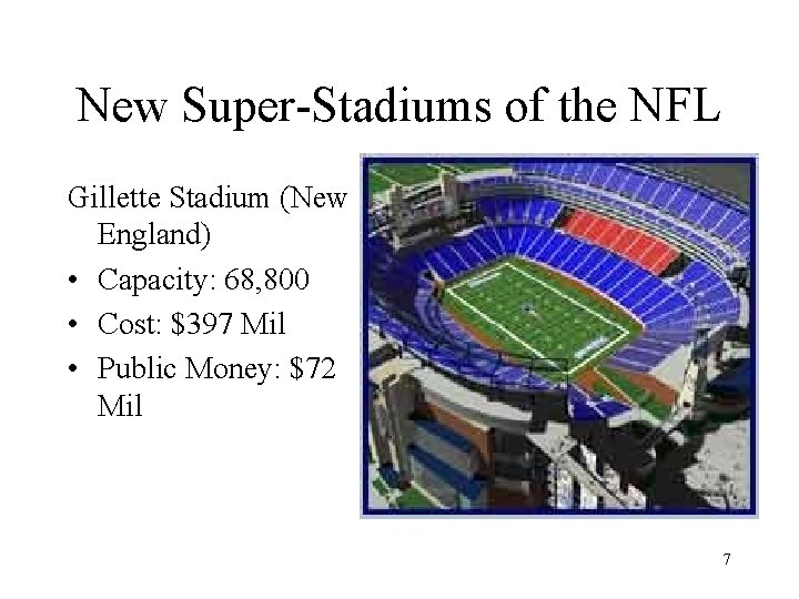 New Super-Stadiums of the NFL Gillette Stadium (New England) • Capacity: 68, 800 •