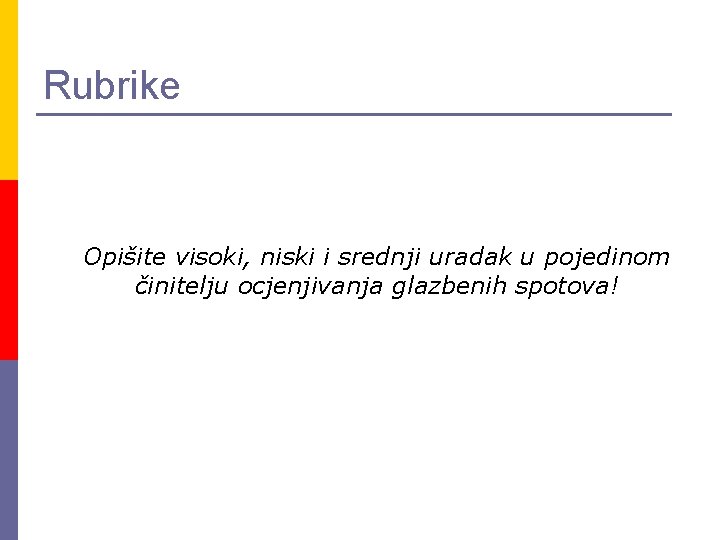 Rubrike Opišite visoki, niski i srednji uradak u pojedinom činitelju ocjenjivanja glazbenih spotova! 