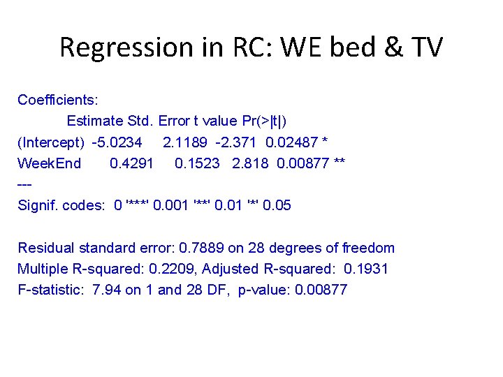 Regression in RC: WE bed & TV Coefficients: Estimate Std. Error t value Pr(>|t|)