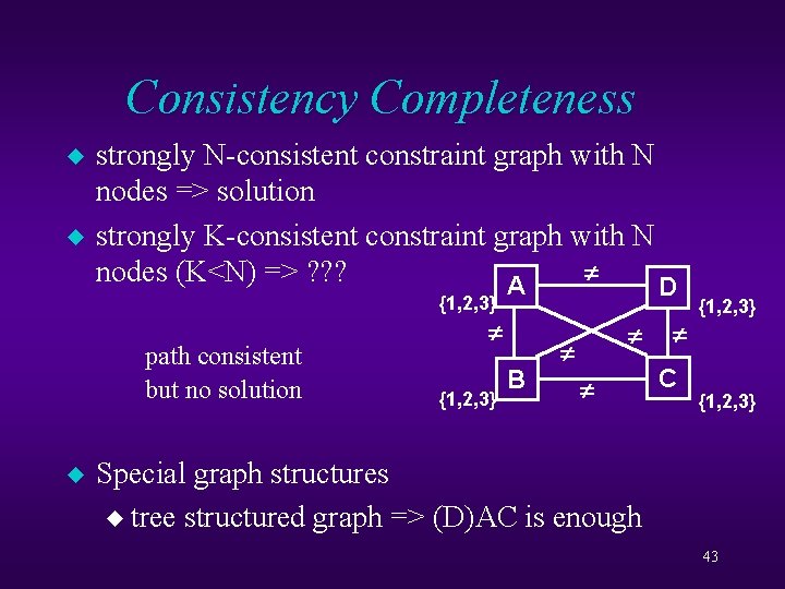 Consistency Completeness u u strongly N-consistent constraint graph with N nodes => solution strongly